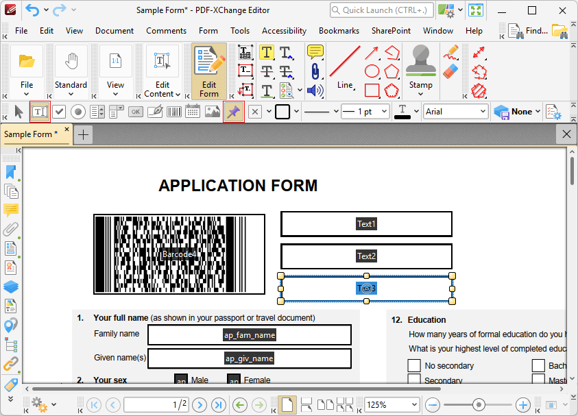 Tabs Guide > View > Toolbars > Form Toolbar > Add Barcodes to Documents