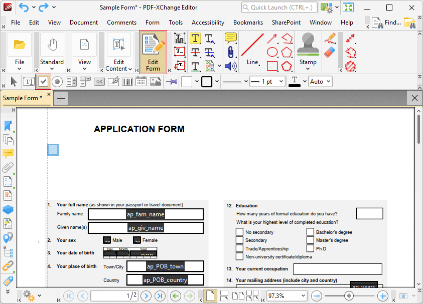 Tabs Guide > View > Toolbars > Form Toolbar > Add Check Boxes to Documents