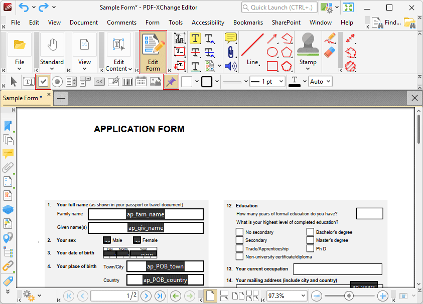 Technical Report Checking Box Tabs Guide > View > Toolbars > Form Toolbar > Add Check Boxes to Documents