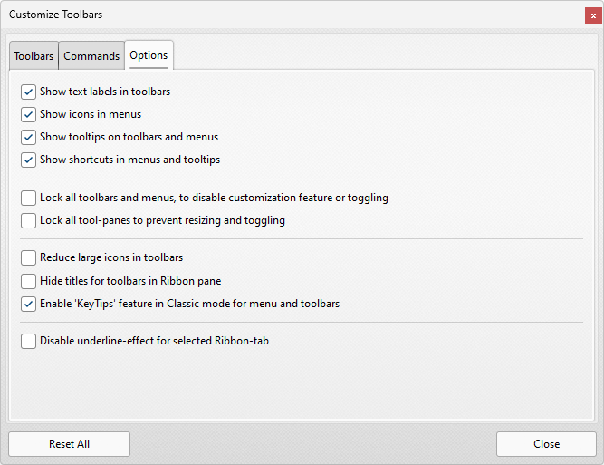 Tabs Guide > View > Toolbars > Customize Toolbars