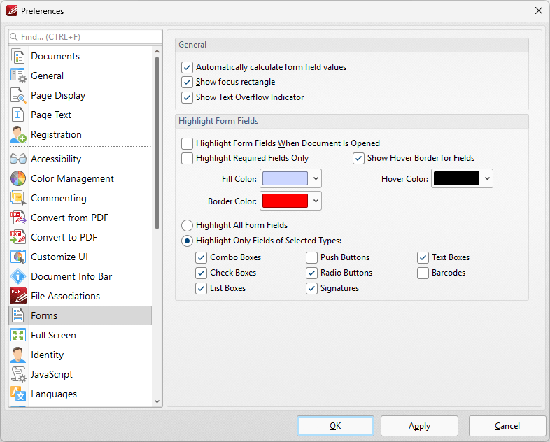 Tabs Guide > Edit > Preferences > Forms