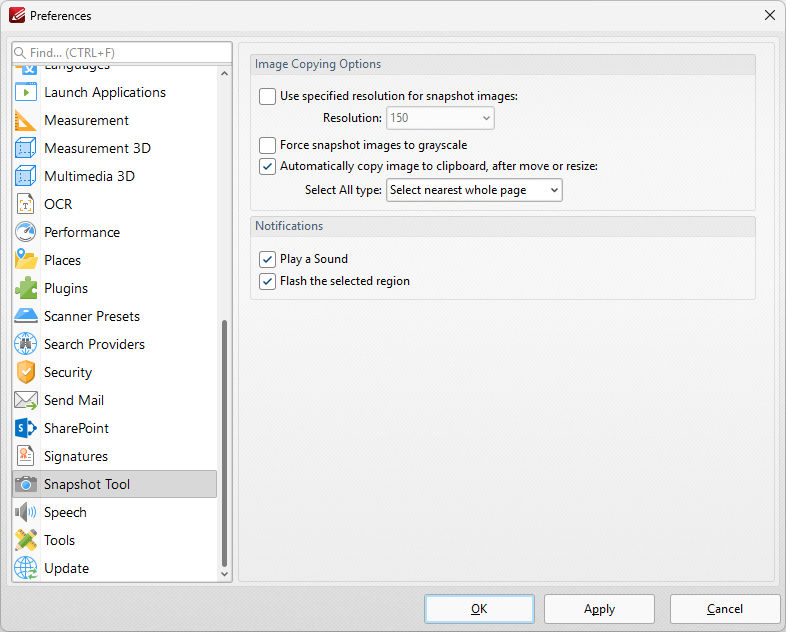 Tabs Guide > Edit > Preferences > Snapshot Tool