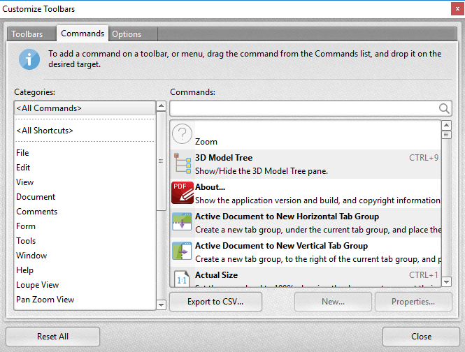 Tabs Guide > View > Toolbars > Customize Toolbars