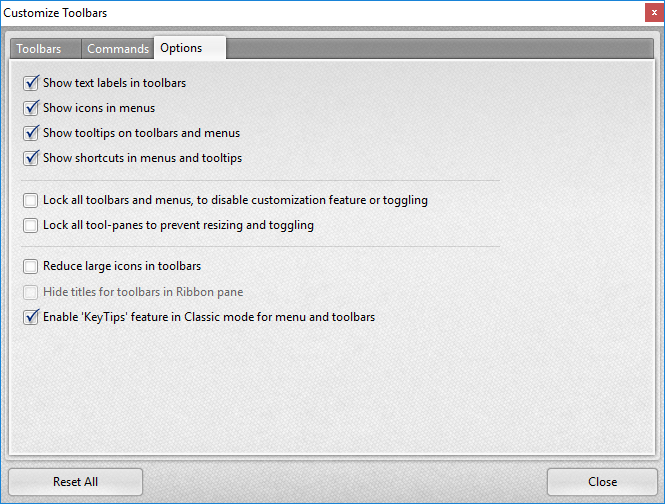 Tabs Guide > View > Toolbars > Customize Toolbars