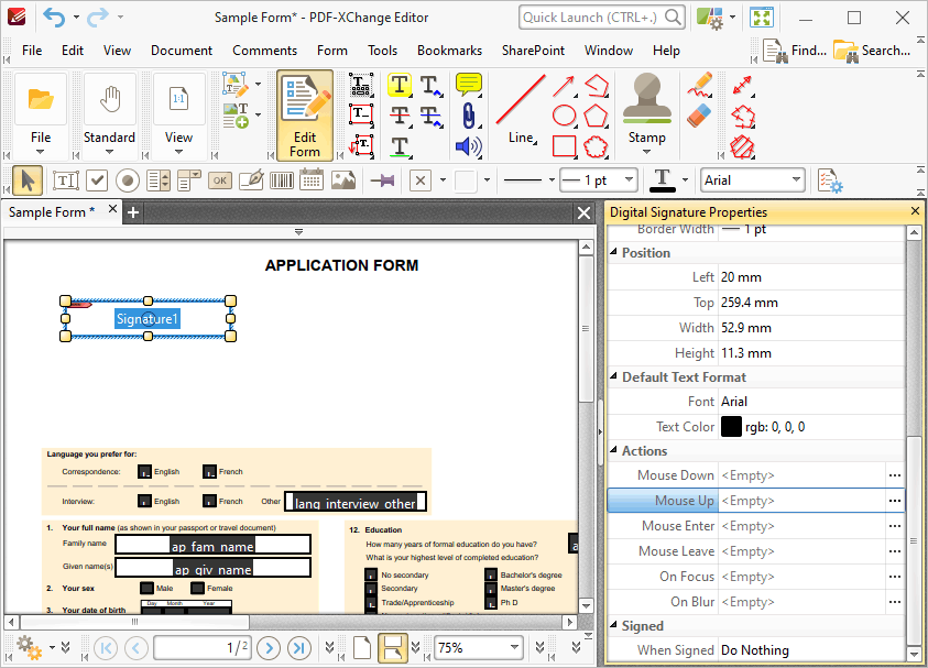 Tabs Guide > View > Toolbars > Form Toolbar > Add Digital Signature ...