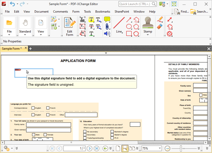 Tabs Guide > View > Toolbars > Form Toolbar > Add Digital Signature ...