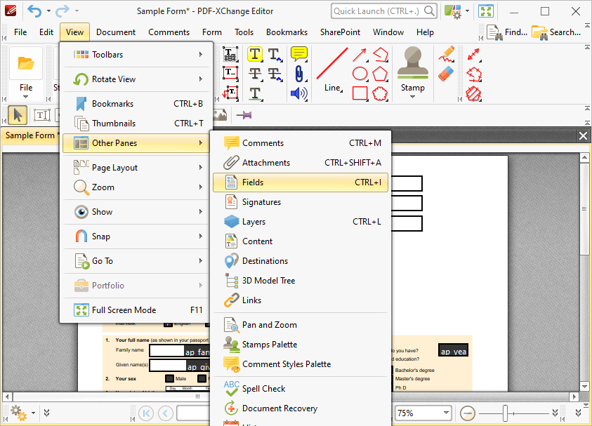 Tabs Guide > View > Toolbars > Form Toolbar > Add Text Fields To Documents