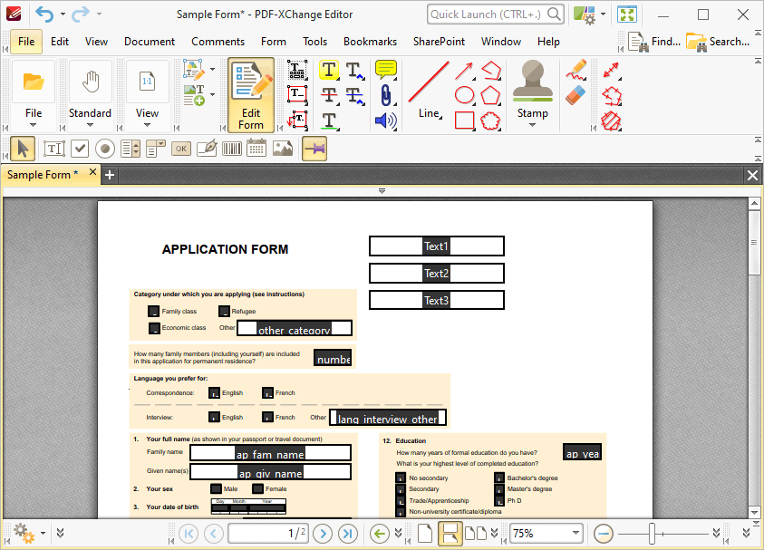 Tabs Guide > View > Toolbars > Form Toolbar > Add Text Fields to Documents