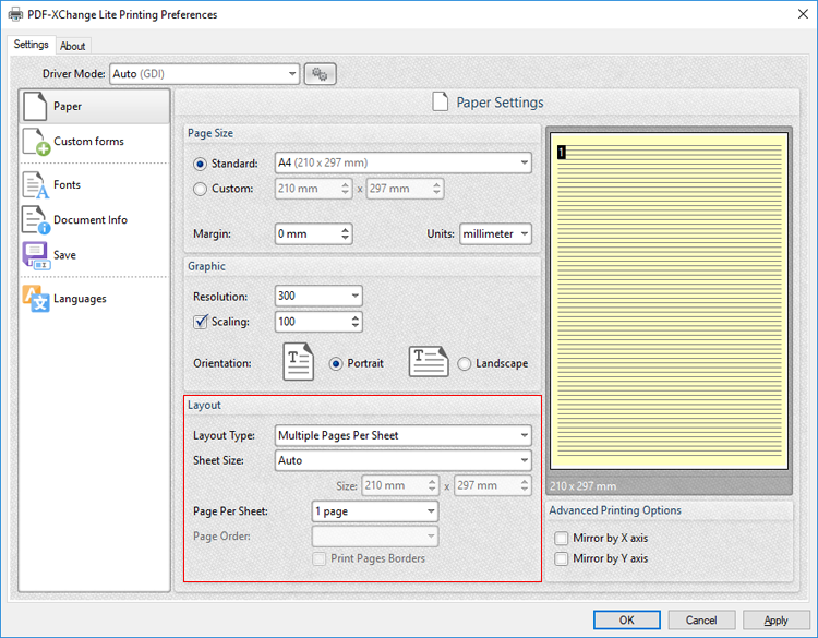 PDF-XChange Lite Printer Settings > Paper > Multiple Pages per Sheet