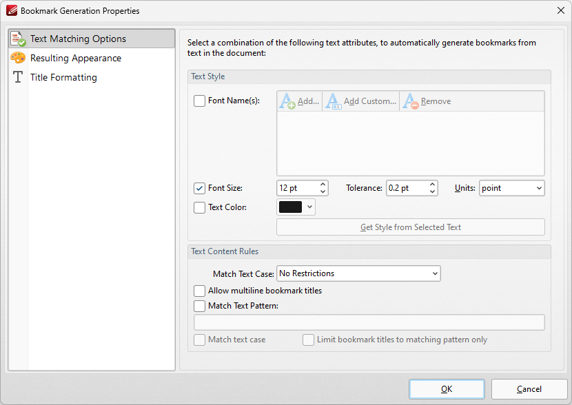 PDFXChange Editor Plus V10 User Manual > Tabs Guide > Bookmarks Tab > Generate Bookmarks from