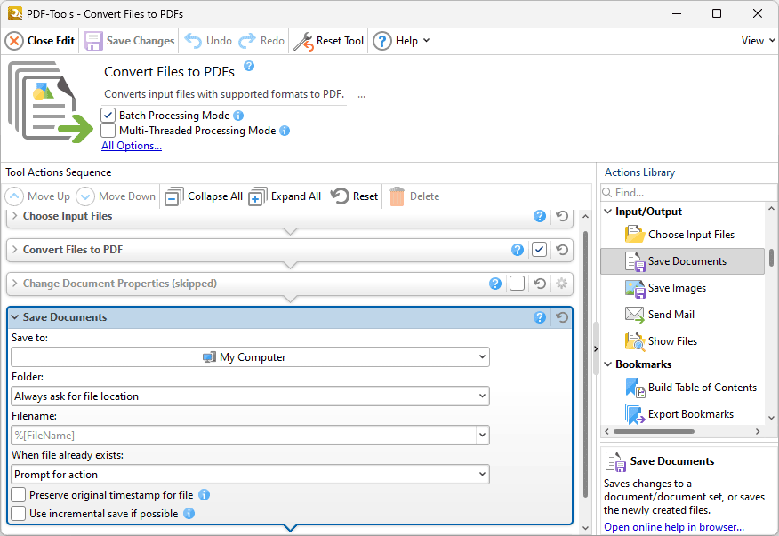 Actions Library > Input/Output Actions > Save Documents