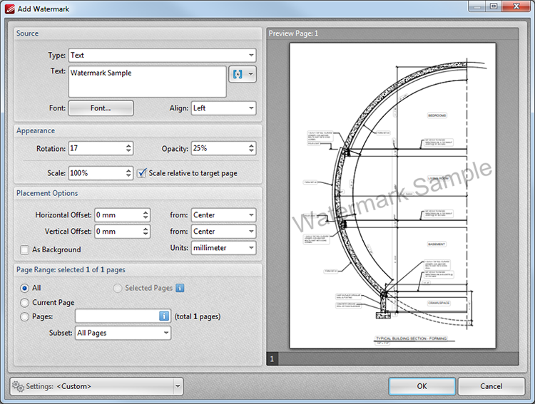 PDF-XChange Editor Plus User Manual > Tabs Guide > Document > Watermarks