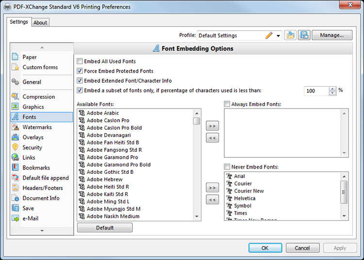 PDFXChange Standard User Manual > Standard Printer Settings > Fonts