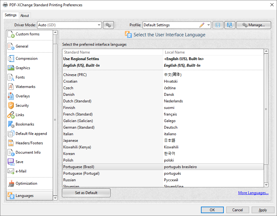 PDFXChange Standard V8 User Manual > Printer Settings > Languages