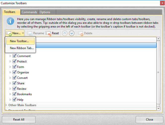 Tabs Guide > Help Tab > Customize Toolbars