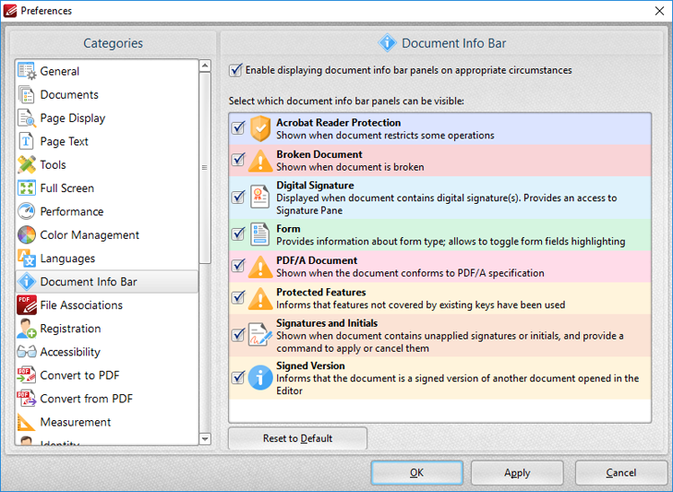 Tabs Guide > File Tab > Preferences > Document Info Bar