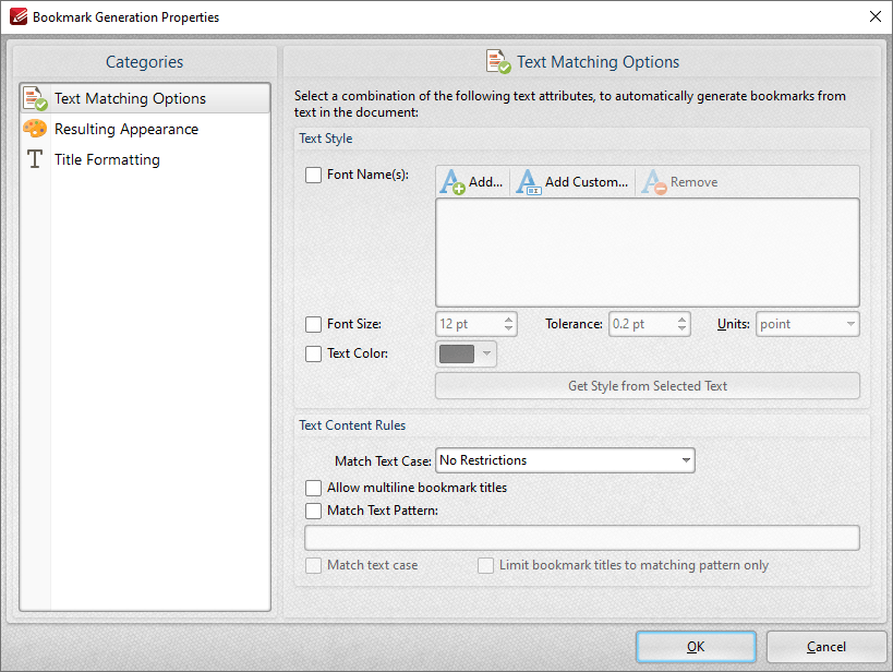PDFXChange Editor V8 User Manual > Tabs Guide > Bookmarks Tab > Generate Bookmarks from Page Text