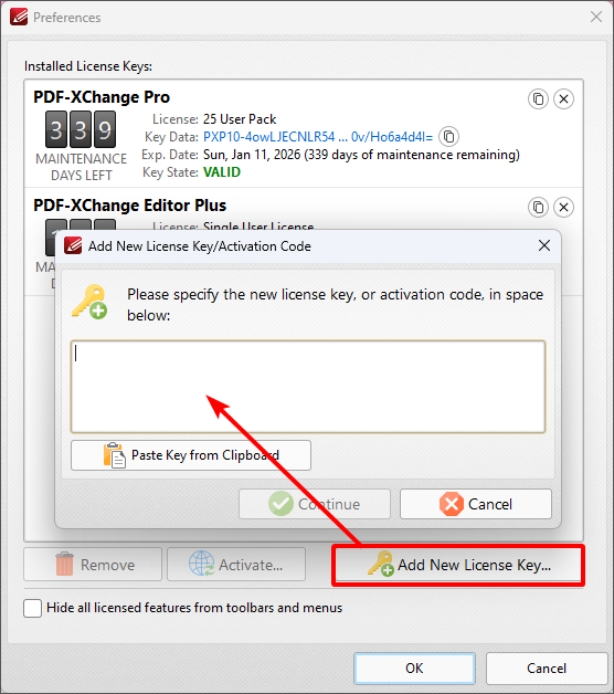 Installed License Keys dialogue